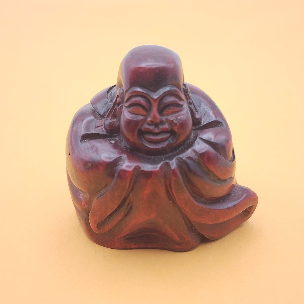 Vintage Buddah Statue Happy Hotei Robed Dark Red Resin Maitreya Feng Shui Small